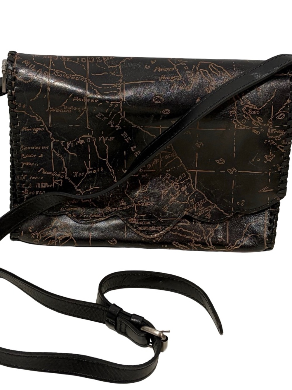 Patricia Nash Sarola Black Leather Map Scalloped Flap Shoulder Bag Crossbody